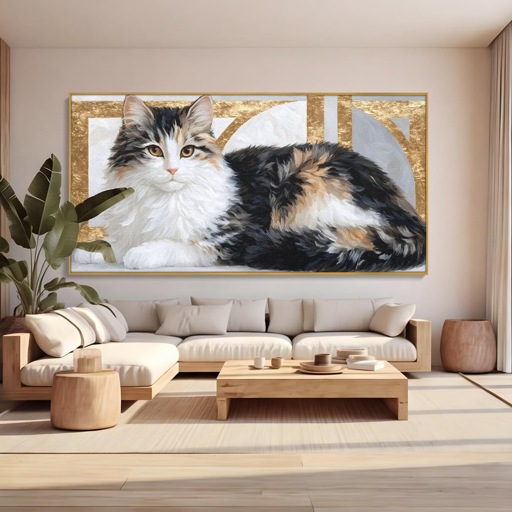 Tablou canvas cu tablou canvas cu pisica calico si accente aurii, in rama de aluminiu auriu, pe perete intr-un living